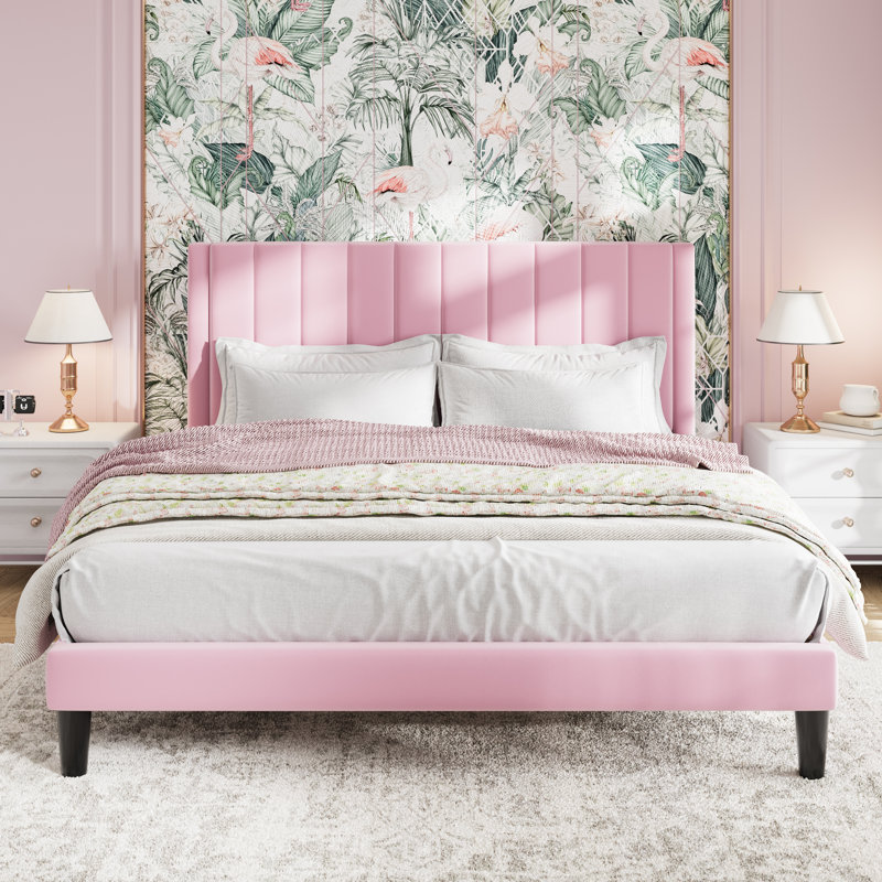 Lit plateforme tapissier en velours avec tête de lit Modern, Très grand, Rose