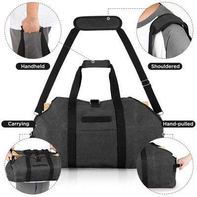 Firewood Carrier Bag, Waxed Canvas Waterproof Extra Large Log Carrier Holder Freestanding Tote Bag for Firewood, (Dark Gray)