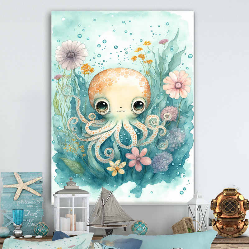 Mignon petit bébé pieuvre entouré de fleurs II - reproduction sur toile, H 32 po x l 16 po x P 1 po, Toile tendue