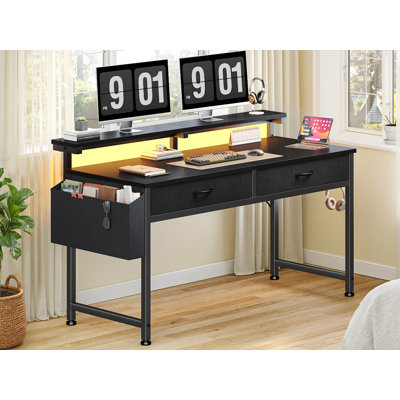 Small Computer Desk With 2 Drawers & LED Lights,Home Office Desks With Side Pocket And Monitor Stand