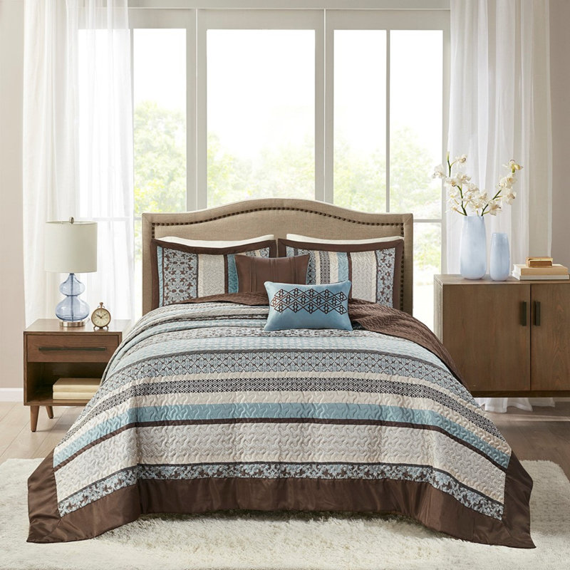 Ensemble de couvre-lit en jacquard réversible élégant 5 pièces en bleu