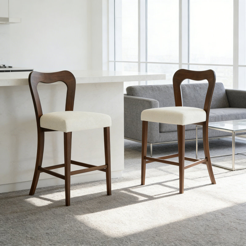 Ensemble de 2 tabourets de bar à cadre en bois avec repose-pieds, Noyer, Beige