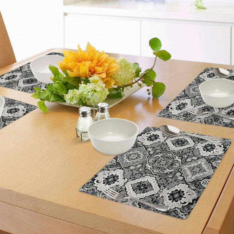Off White and Dimgray Polyester Moroccan Print Rectangle Placemats Set of 4