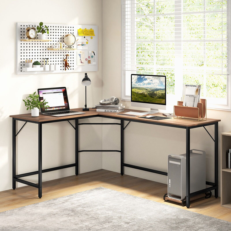 Raulston L-Shaped Metal Base Computer Desk, Beige