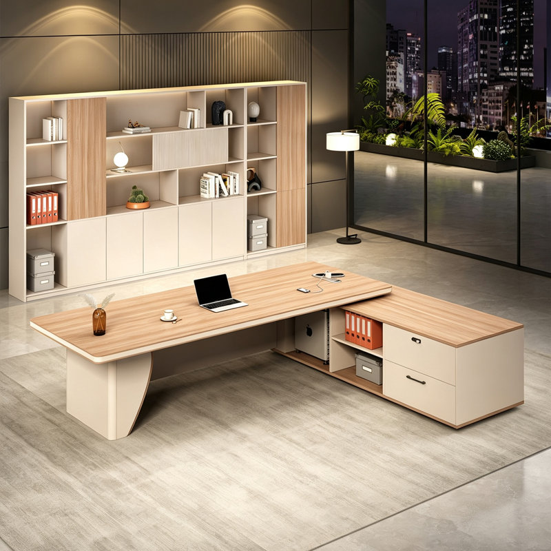 Bureau de direction moderne et luxueux de 118,11 pouces – Bureau d'angle en L en panneaux de particules avec rangement latéral pour bureau de PDG