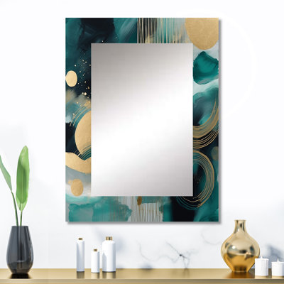 Vivid Emeral And Gold Contours Circles III - Abstract Decorative Mirror On Metal