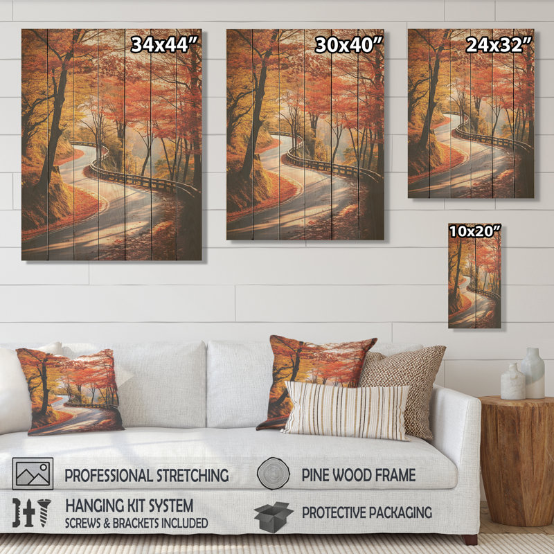 «Autumn's Embrace Road Path Into The Forest I» - reproduction d'art sur bois, H 20 po x l 10 po