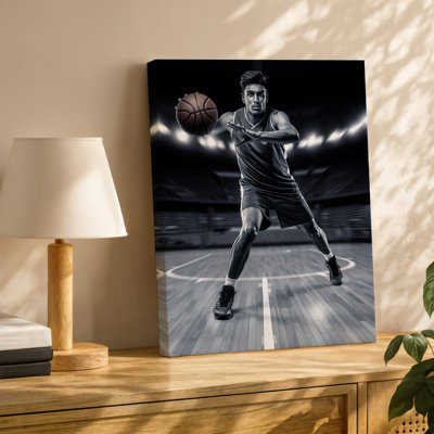 Canvas A Dynamic Basketball Scene Featuring A Focused Athlete In Mid Wall Art Action Poised To Shoot A Basketball The Player Dressed Canvas Wall Art