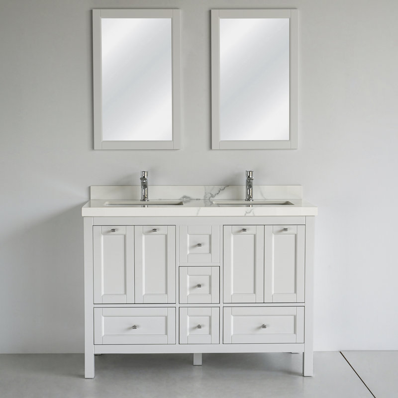 Meuble-lavabo double 48 po avec plateau en céramique Selena, Blanc