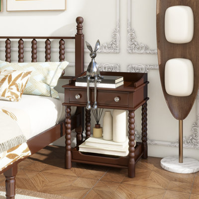 Retro Style Nightstand With Drawer And Open Shelf For Bedroom, Bedside Table With Turned Legs And Metal Handle,