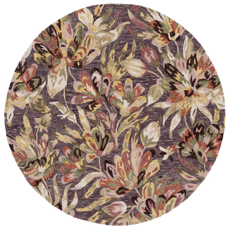 Kamarli Hand Tufted Wool/Cotton Floral Rug in Purple/Sage, Round 6'