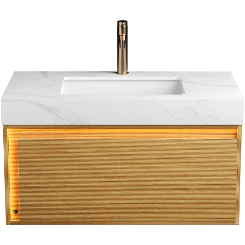 Meuble-lavabo de 36 po avec plateau en pierre frittée blanche, unité de contreplaqué flottant avec grille ultra-mince, capteur à détection de mouvement à tiroir, comptoir de meuble-lavabo pré-assemblé, lavabo sous-comptoir en céramique, grille