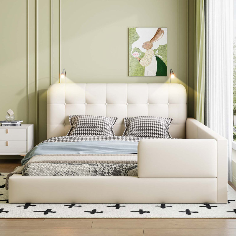 Grand lit plateforme tapissier avec 2 lampes de lecture, Blanc