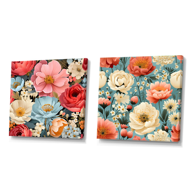 Friedlander - Floral Square Collage Set Of 2, Wrapped Canvas, 16" H x 33" W