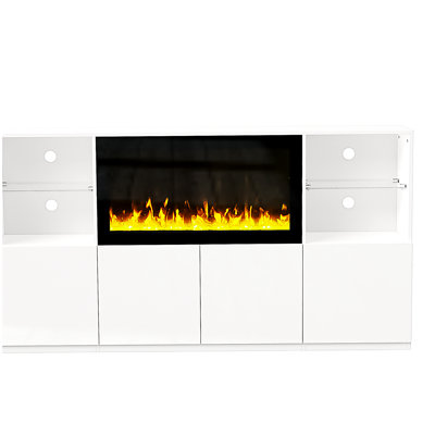 Glossy TV cabinet with 34.2-inch non-heating electric fireplace, modern entertainment center with LED lights, media console with tempered glass shelves, suitable for 75-inch TV, living room, white