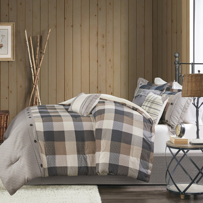 Édredon très grand à chevrons 7 pièces, couleur neutre, motif écossais Buffalo, rembourrage, comprend édredon, taies décoratives, coussins décoratifs, jupe de lit, lavable à la machine pour 7 personnes, rembourré,