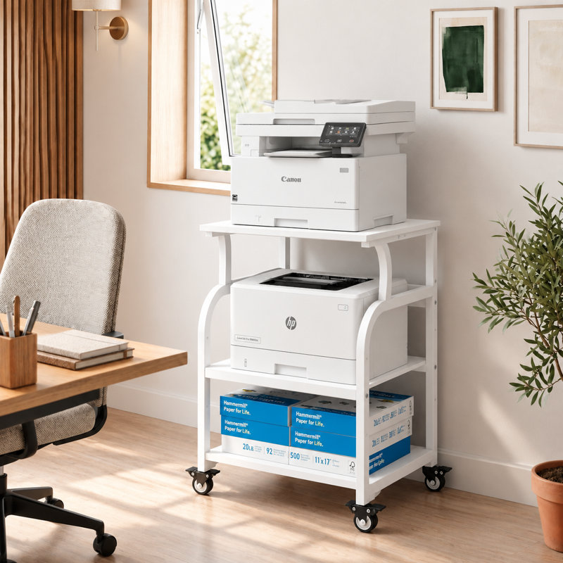 23.6 x 19.7 x 29.5 inches Large Printer Stand Printer Desk with Adjustable Storage Shelf on Wheels, White