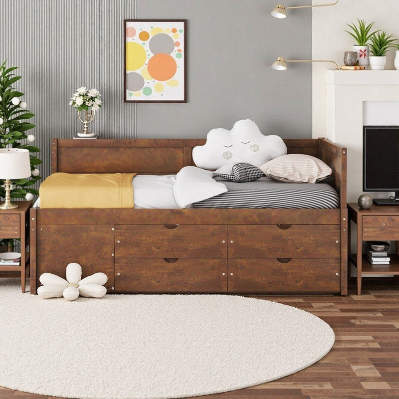Dormal Full Size Daybed With Pull-Out Drawers And Shelves, Solid Wood Storage Platform Bed, Walnut, Full