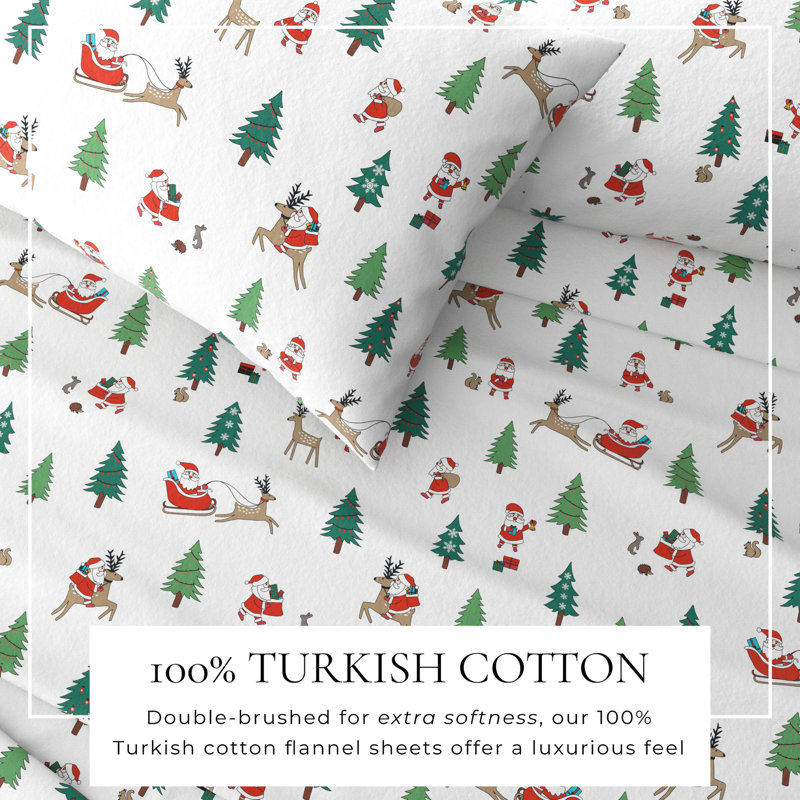 Queen Size White and Gold Cotton Flannel Holiday Sheet Set