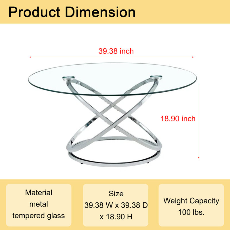 Tables basses rondes avec cadre en métal et plateau en verre trempé Ahriana, H 18,9 po x L 39,4 po x l 39,4 po