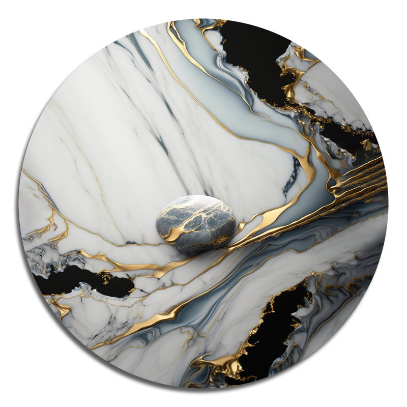 Géode abstraite, or et marbre blanc III - Art abstrait rond en métal, H 16 po x l 16 po 
