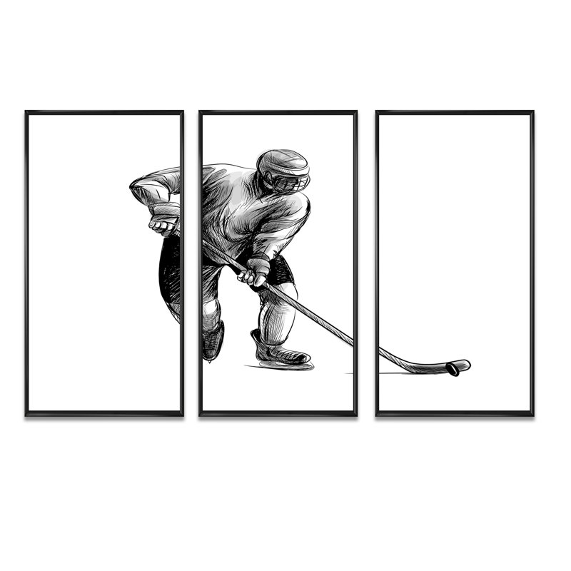 Esquisse d'un joueur de hockey dans un sport d'hiver - reproduction de cadre flottant 3 pièces sur toile, Cadre noir