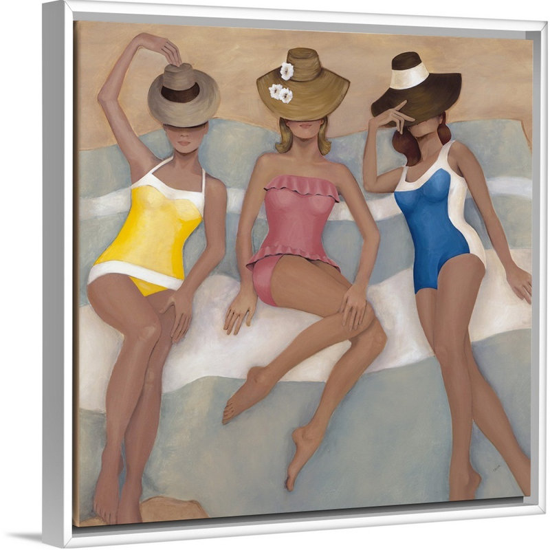 « three little maids » par the pool, peinture sur toile, H 17,7 po x l 17,7 po x p 1,75 po, Cadre flottant blanc