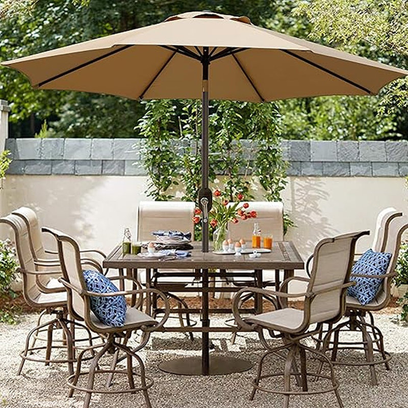 Parasol de patio extérieur avec bouton-poussoir inclinable et manivelle, parasol de marché robuste à 8 nervures pour le jardin, la cour et la table
