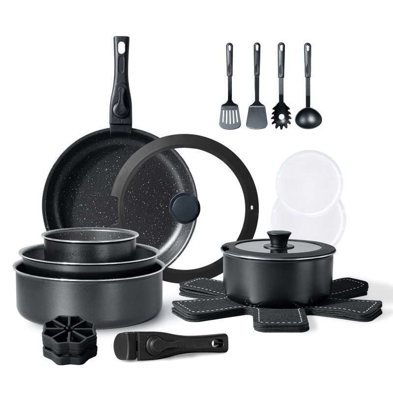 24-Piece Nonstick Cookware Set Removable Handles, Stackable, RV Cookware Sets,Black