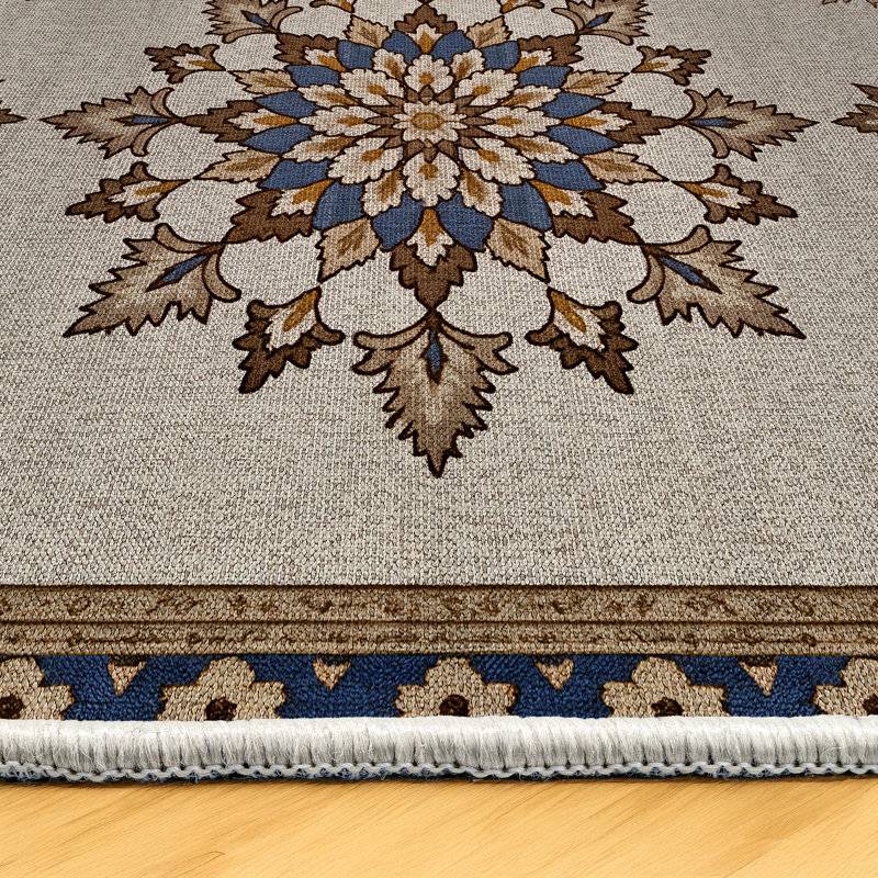 Tapis marocain beige en coton et polyester à imprimé numérique Madeline Collection, Rond 3 pi 4 po