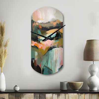«Ewgenia Green and Pink Transcendant Reality - Cylindre, peinture abstraite, horloge murale en métal, impression d'horloge murale asymétrique