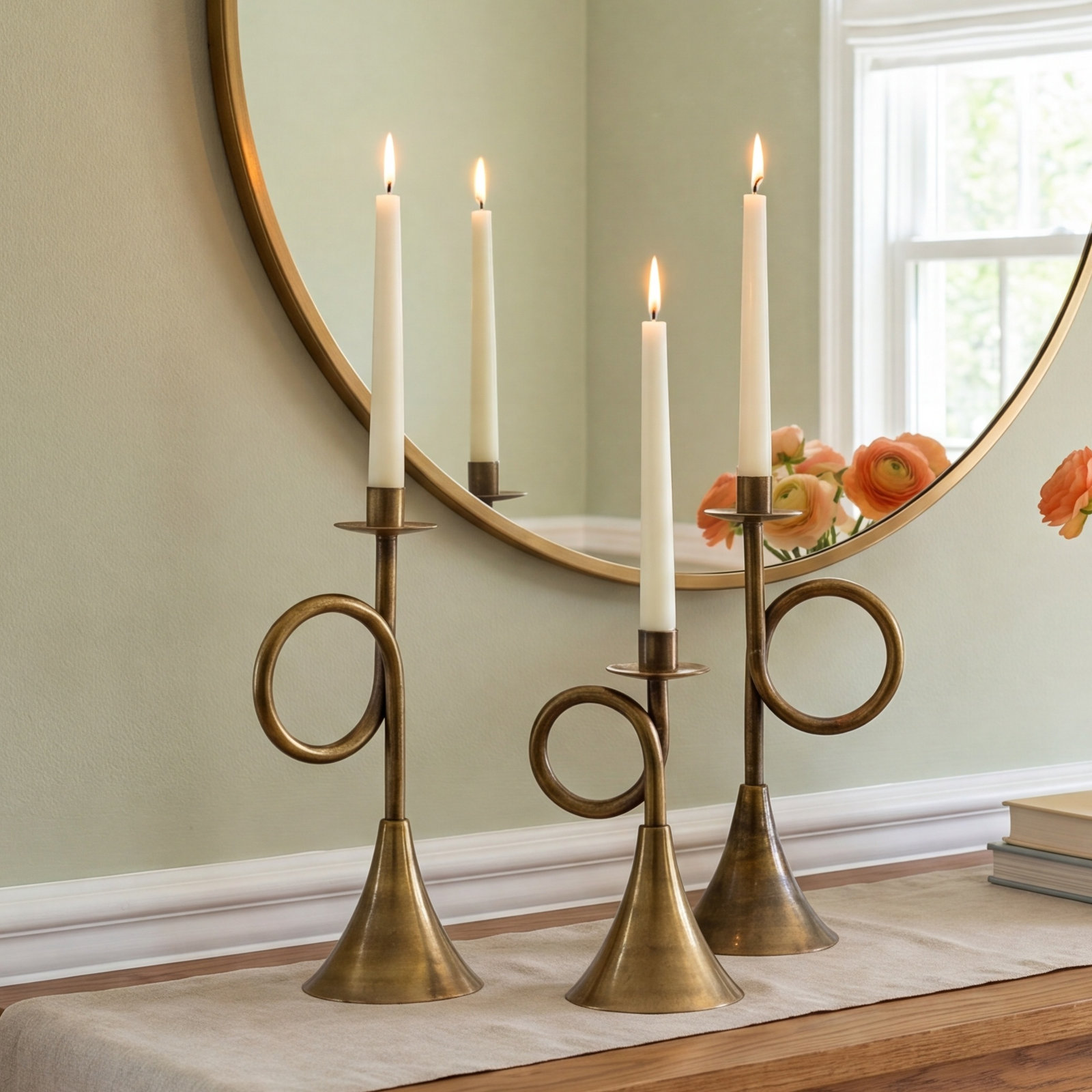 Antique Brass Trumpet Metal Taper Candle Holders