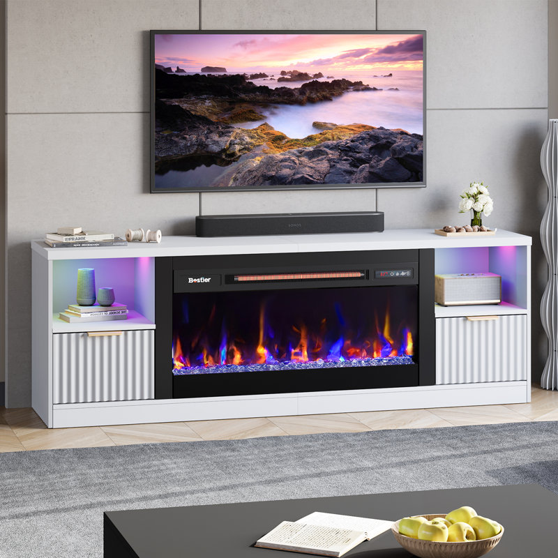 White Modern Fluted Fireplace TV Stand with Gold Handles