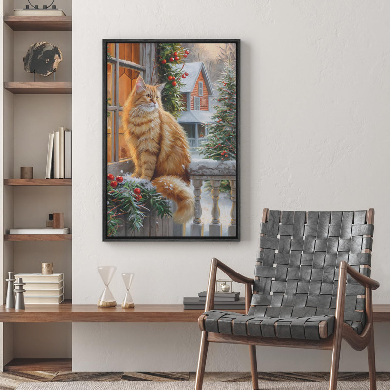 Scène d'hiver douillette avec un chat orange moelleux près d'une fenêtre de porche décorée, art moderne chaleureux