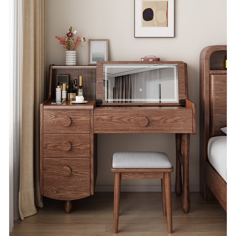 Ensemble de coiffeuse Mid-Century en bois avec miroir à DEL rabattable et plusieurs tiroirs