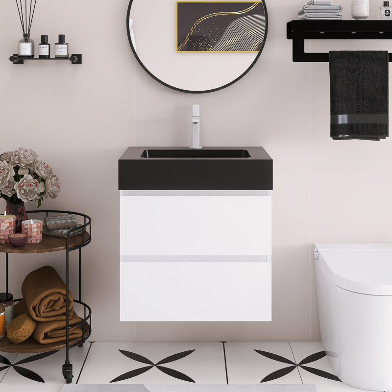 Meuble-lavabo mural 24 po avec lavabo, Blanc, Noir