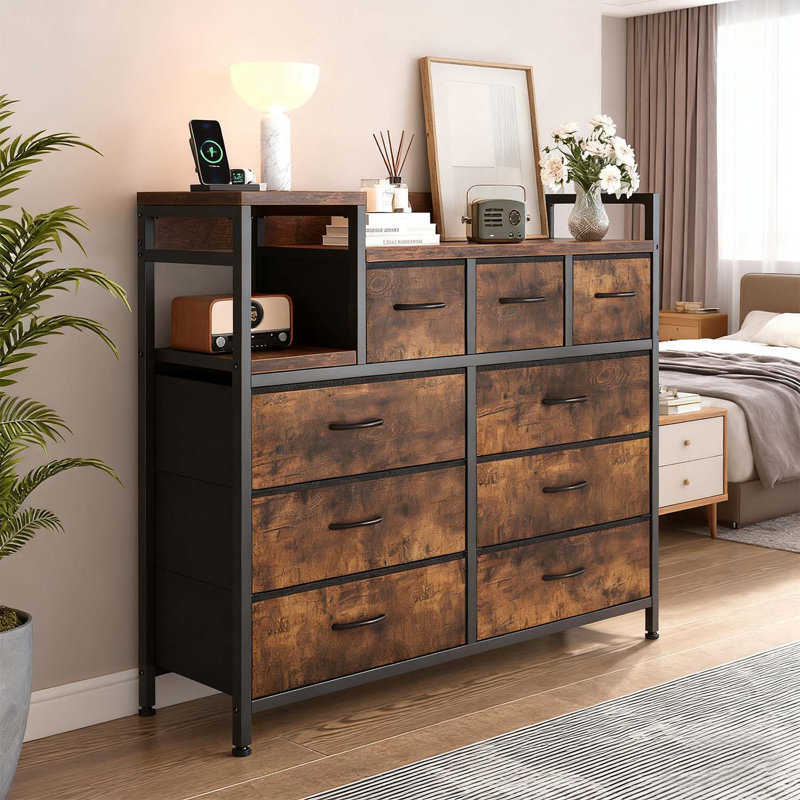 Metal Frame Fabric 9 Drawer Dresser with Charging Station for Bedroom, Brown