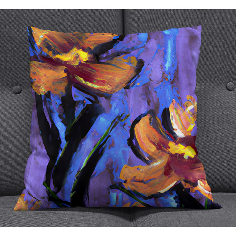 Throw Pillow With Insert, Orange/Purple Floral 5, 18"H x 18"W