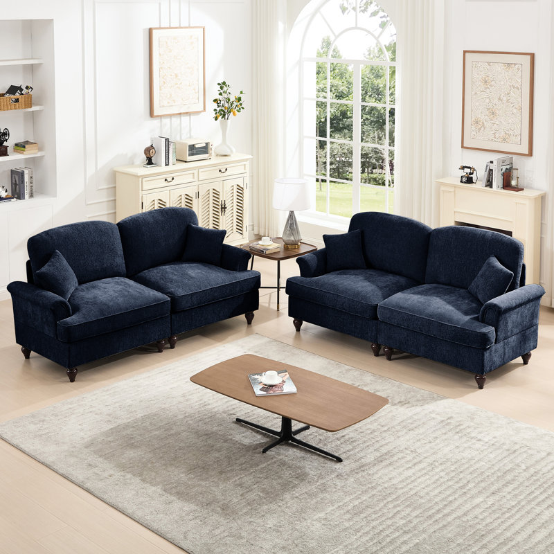 Ensemble de 2 pièces classiques bleues avec volants détachables, coussin décoratif doux et accoudoirs évasés en tissu à fil d'argent, jupes amovibles, mousse haute densité pour plus de confort