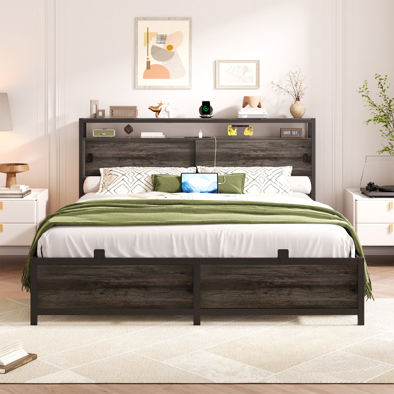 Storage Bed with Sliding Doors, LED Lights & USB Charging Station, Full, Gray