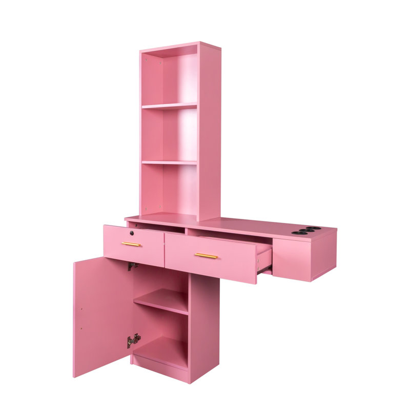 Pink Modern Black Hair Styling Station With Multi-Layer Storage, Drawers & Cabinet – Space-Saving Vanity Desk, Pink