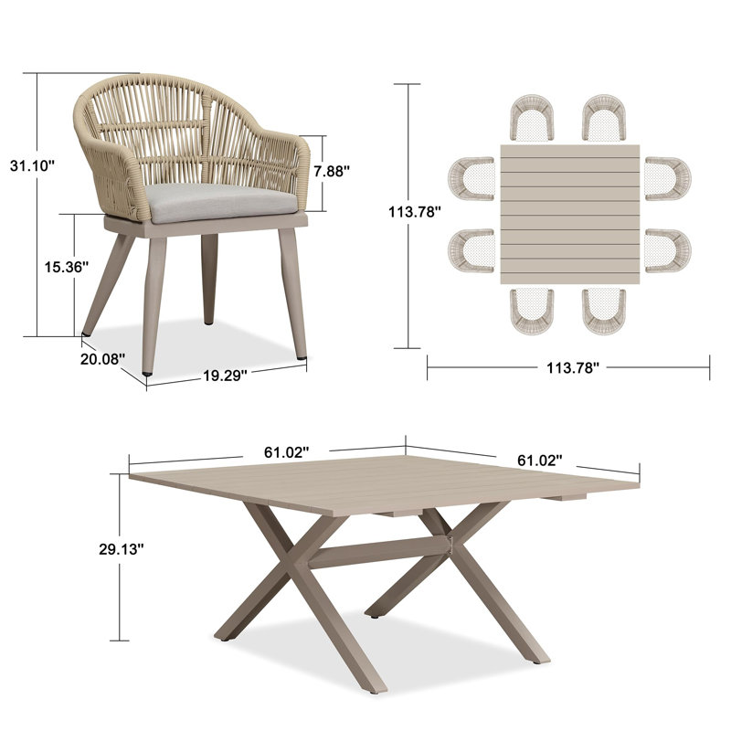 Ensemble de salle à manger d'extérieur carré de L 61 po pour 8 personnes Square