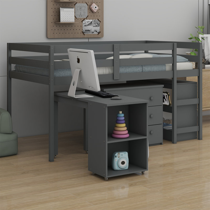 Lit mezzanine bas avec tablette, tiroirs et bureau portatif à roulettes, Gris
