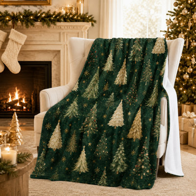 Emerald Christmas Tree Blanket with Gold Stars and Snowflakes, Watercolor Evergreen Flannel Holiday Throw for Sofa, Bed and Seasonal Home Styling, 30 x 40 in
