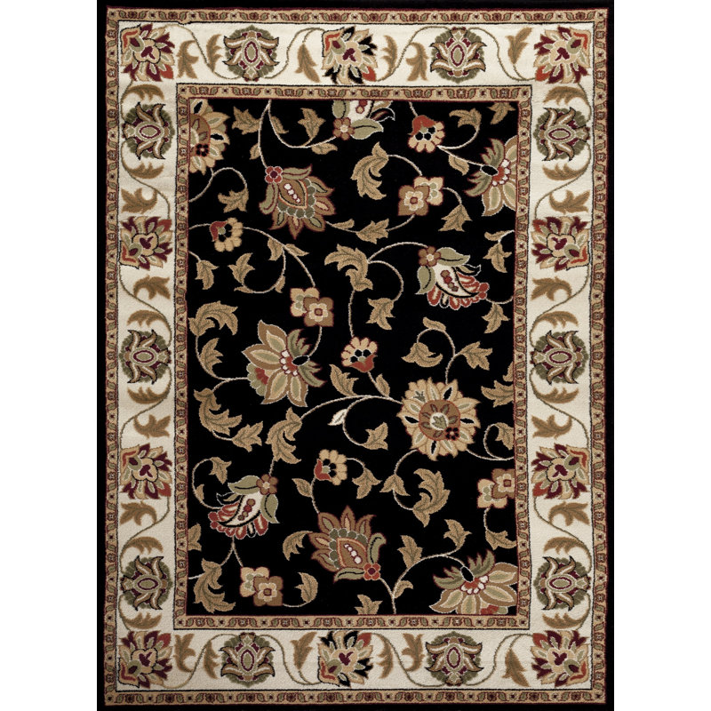 Tapis persan noir à motif floral, Rectangle 4 pi x 5 pi 3 po