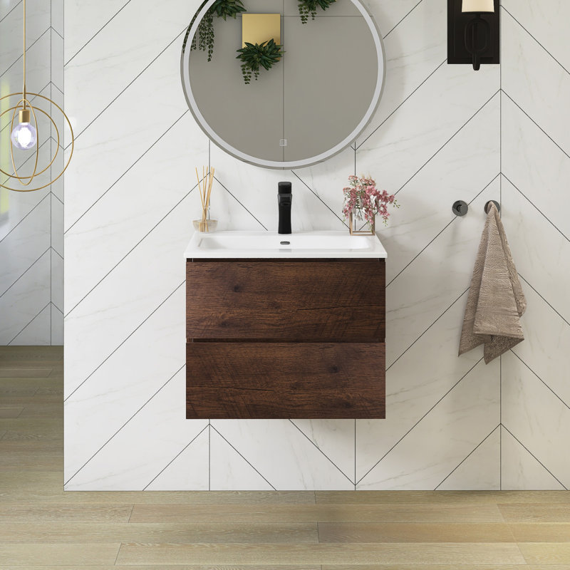 Meuble-lavabo mural 24 po avec comptoir en céramique blanche, Noyer