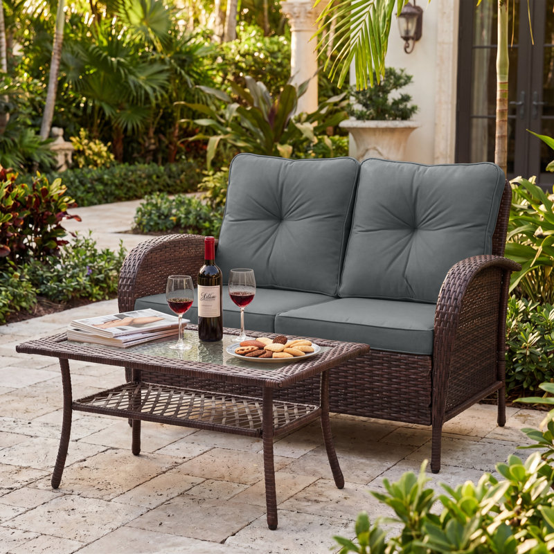 Outdoor Wicker Loveseat With Coffee Table And Cushions, Gray