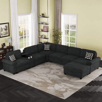Canapé modulaire en U modulaire avec repose-pieds avec rangement, revêtement en chenille, structure en bois massif, pour le salon
