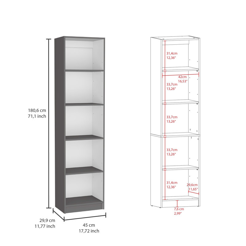 Bibliothèque Home Xs avec tablettes à 5 niveaux et design mince - gris mat / blanc - bureau, Gris / Blanc