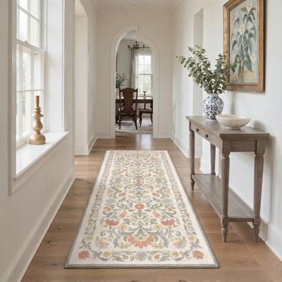 Machine Washable Floral Ivory / Green Runner With Non-Slip Backing